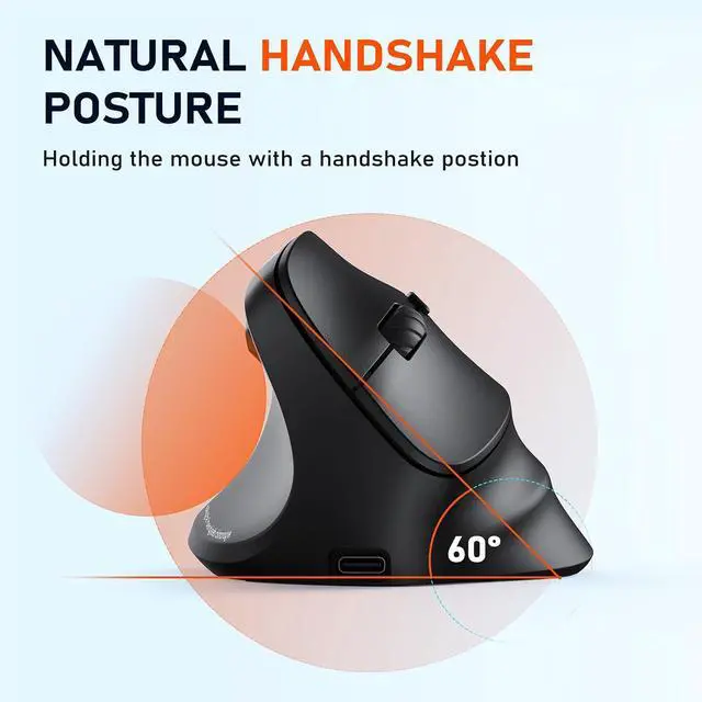 Alt view image 4 of 7 - AUTYUE Left-Handed Ergonomic Wireless Mouse, Vertical RGB Mouse, Bluetooth 5.2 & 3.0 + 2.4G USB-A with USB-C Adapter, 4 Adjustable DPI Rechargeable Wireless Mouse for Windows/Mac/PC/Tablet/Black