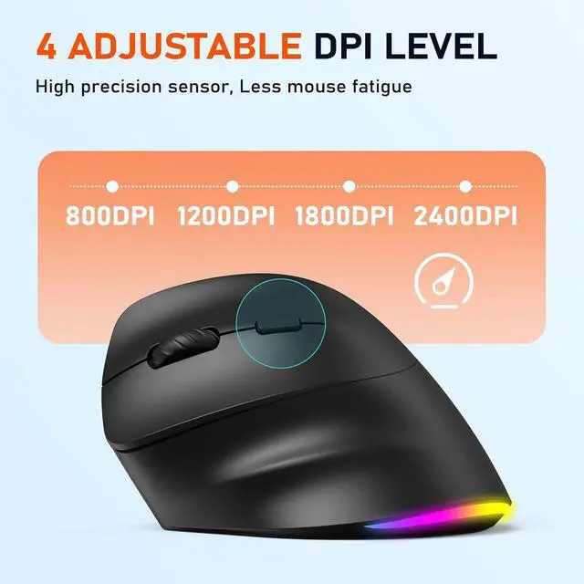 Alt view image 5 of 7 - AUTYUE Left-Handed Ergonomic Wireless Mouse, Vertical RGB Mouse, Bluetooth 5.2 & 3.0 + 2.4G USB-A with USB-C Adapter, 4 Adjustable DPI Rechargeable Wireless Mouse for Windows/Mac/PC/Tablet/Black