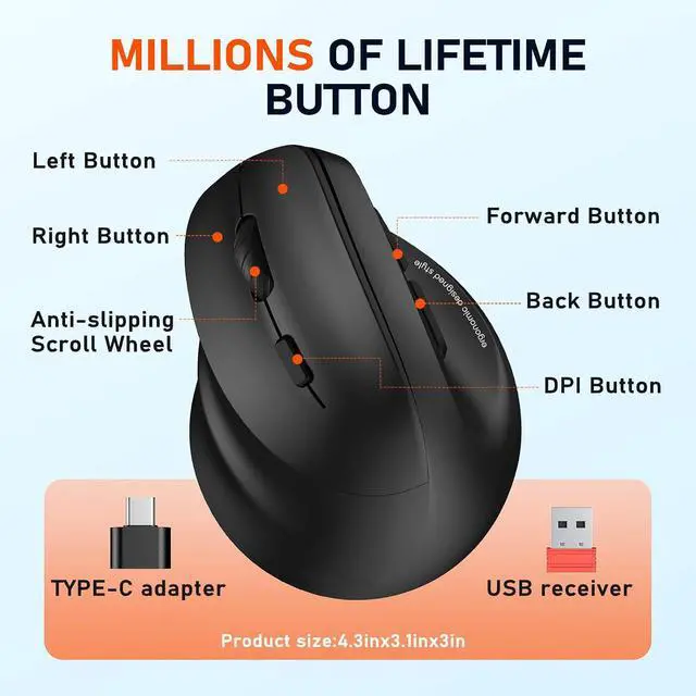 Alt view image 6 of 7 - AUTYUE Left-Handed Ergonomic Wireless Mouse, Vertical RGB Mouse, Bluetooth 5.2 & 3.0 + 2.4G USB-A with USB-C Adapter, 4 Adjustable DPI Rechargeable Wireless Mouse for Windows/Mac/PC/Tablet/Black