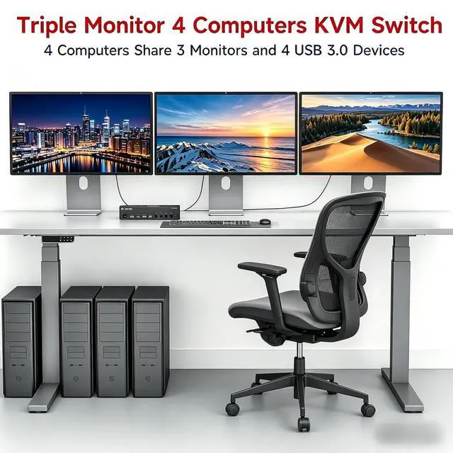 Alt view image 3 of 7 - AUTYUE HD-MI + 2 Displayport KVM Switch 3 Monitors 4 Computers 8K@60Hz/4K@144Hz, Triple Monitor KVM Switch for 4 Computers Share 3 Screens and 4 USB 3.0 Ports,Wired Remote and 4 USB Cables Included