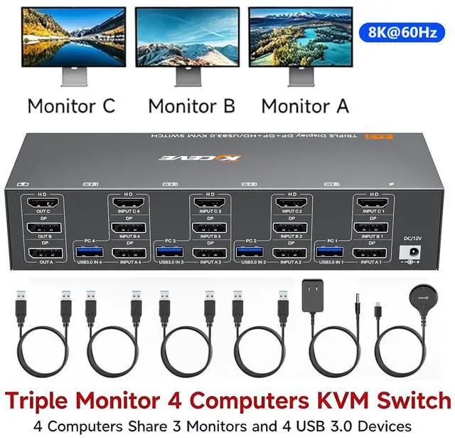 Main image of AUTYUE HD-MI + 2 Displayport KVM Switch 3 Monitors 4 Computers 8K@60Hz/4K@144Hz, Triple Monitor KVM Switch for 4 Computers Share 3 Screens and 4 USB 3.0 Ports,Wired Remote and 4 USB Cables Included
