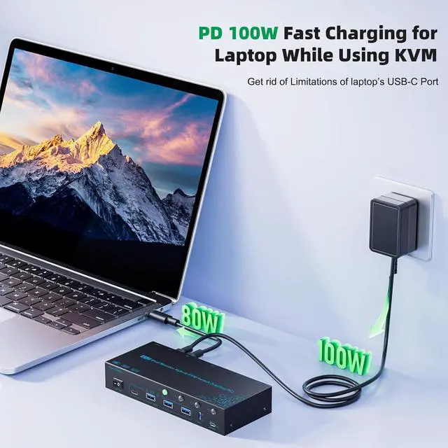 Alt view image 7 of 7 - AUTYUE 2 Monitors 4 Computers KVM Switch Laptop and Desktop 4 Port Hybrid USB-C Docking & Dual Displayport & DP HD-MI & Dual HD-MI 4K@60Hz KVM Switch with EDID Emulator, Support PD 100W Charging