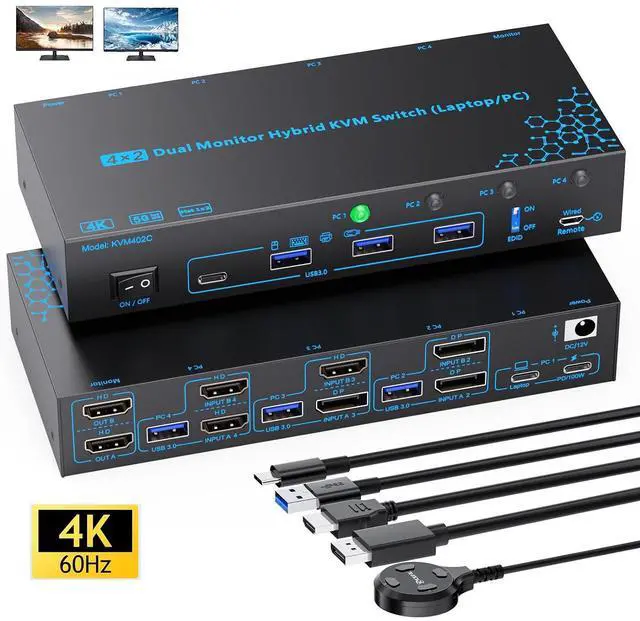 Main image of AUTYUE 2 Monitors 4 Computers KVM Switch Laptop and Desktop 4 Port Hybrid USB-C Docking & Dual Displayport & DP HD-MI & Dual HD-MI 4K@60Hz KVM Switch with EDID Emulator, Support PD 100W Charging