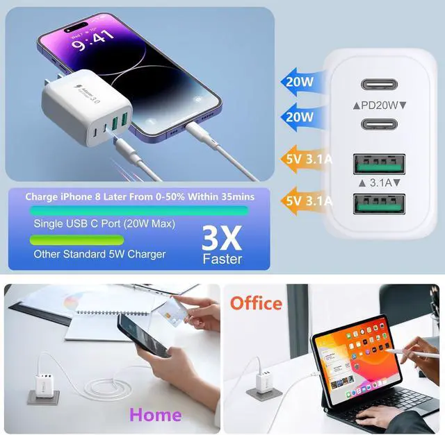 Alt view image 3 of 7 - AUTYUE USB C Charger Block, 2 Pack 40W 4-Port Type C Charger Fast Charging Block | Multiport USB C Wall Charger with 6ft USB C to C Cable for iPhone 17 16 15 14, Android Cellphones, Tablet PC etc..