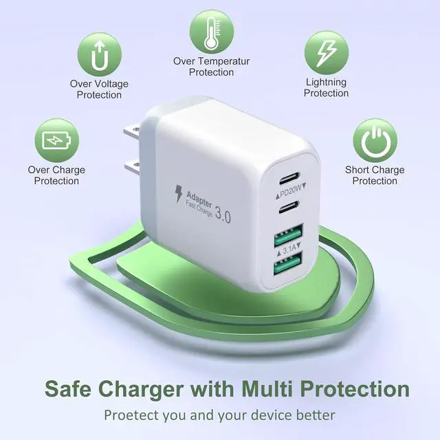 Alt view image 6 of 7 - AUTYUE USB C Charger Block, 2 Pack 40W 4-Port Type C Charger Fast Charging Block | Multiport USB C Wall Charger with 6ft USB C to C Cable for iPhone 17 16 15 14, Android Cellphones, Tablet PC etc..