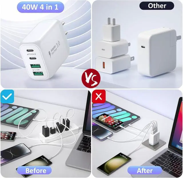 Alt view image 4 of 7 - AUTYUE USB C Charger Block, 2 Pack 40W 4-Port Type C Charger Fast Charging Block | Multiport USB C Wall Charger with 6ft USB C to C Cable for iPhone 17 16 15 14, Android Cellphones, Tablet PC etc..