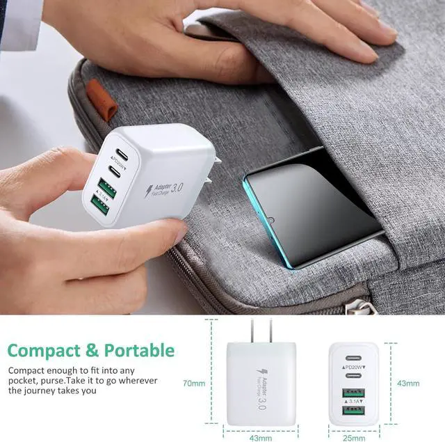Alt view image 5 of 7 - AUTYUE USB C Charger Block, 2 Pack 40W 4-Port Type C Charger Fast Charging Block | Multiport USB C Wall Charger with 6ft USB C to C Cable for iPhone 17 16 15 14, Android Cellphones, Tablet PC etc..