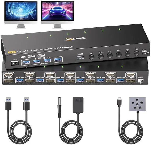 Main image of AUTYUE KVM Switch 2 Monitors 6 Computers HD-MI + DisplayPort, DP + HD-MI Dual Monitor 6 Computer KVM Switcher, 8K@30Hz/4k@144Hz KVM Switches for 6 PC Share 2 Display and USB 3.0 Devices