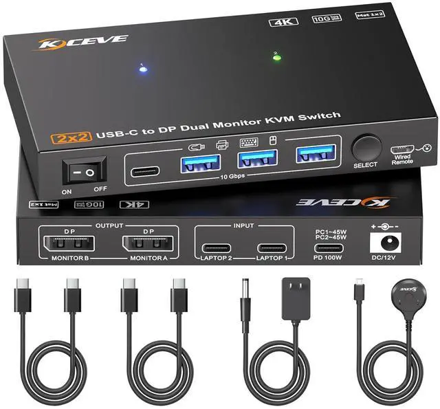Main image of AUTYUE USB C KVM Switch 2 Monitors 2 Computers 4K@60Hz, Dual Monitors KVM for 2 Laptops Share 2 External Displays and 4 USB3.2 Peripherals,10Gbps,PD 100W, Wired Remote, USB-C Cables &12V Power Adapter