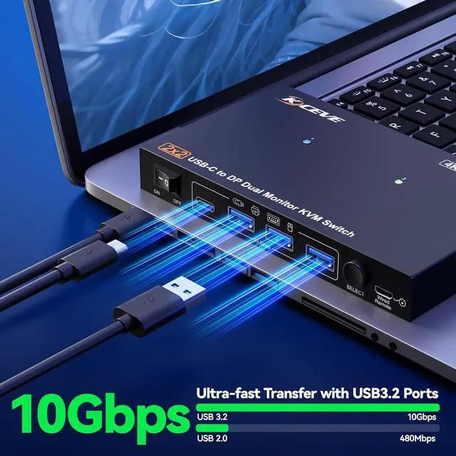 Alt view image 6 of 7 - AUTYUE USB C KVM Switch 2 Monitors 2 Computers 4K@60Hz, Dual Monitors KVM for 2 Laptops Share 2 External Displays and 4 USB3.2 Peripherals,10Gbps,PD 100W, Wired Remote, USB-C Cables &12V Power Adapter