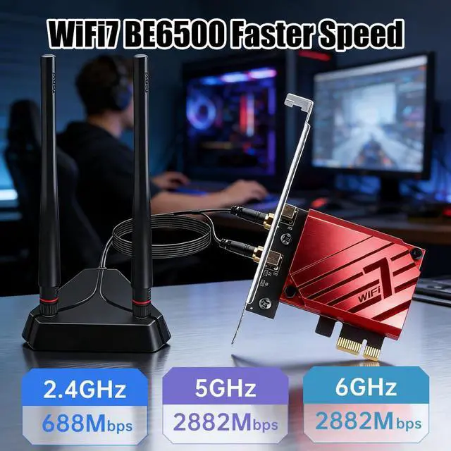 Alt view image 2 of 7 - AUTYUE BE6500 WiFi 7 PCIe Network Card for Desktop PC,Tri-Band 2.4G/5G/6GHz Wireless Adapter with Bluetooth 5.4, 802.11be, MLO Low Latency,WPA3,Supports Windows 11/10 64-Bit for In-tel & AMD,Gaming,VR
