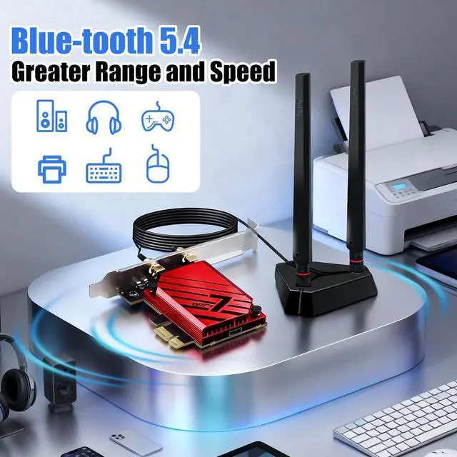 Alt view image 5 of 7 - AUTYUE BE6500 WiFi 7 PCIe Network Card for Desktop PC,Tri-Band 2.4G/5G/6GHz Wireless Adapter with Bluetooth 5.4, 802.11be, MLO Low Latency,WPA3,Supports Windows 11/10 64-Bit for In-tel & AMD,Gaming,VR