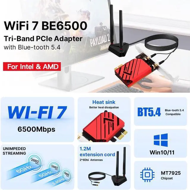 Alt view image 3 of 7 - AUTYUE BE6500 WiFi 7 PCIe Network Card for Desktop PC,Tri-Band 2.4G/5G/6GHz Wireless Adapter with Bluetooth 5.4, 802.11be, MLO Low Latency,WPA3,Supports Windows 11/10 64-Bit for In-tel & AMD,Gaming,VR
