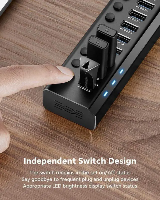 Alt view image 4 of 7 - AUTYUE Powered USB Hub, Aluminum 10 Ports USB 3.0 Data Hub with 36W (12V/3A) Power Adapter and Individual On/Off Switches USB Splitter, Powered Hub USB 3.0