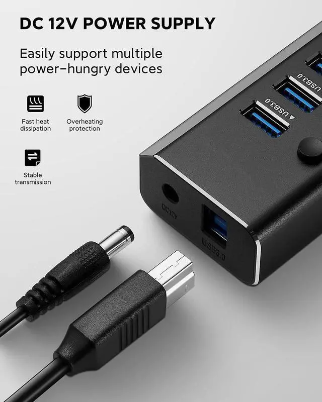 Alt view image 5 of 7 - AUTYUE Powered USB Hub, Aluminum 10 Ports USB 3.0 Data Hub with 36W (12V/3A) Power Adapter and Individual On/Off Switches USB Splitter, Powered Hub USB 3.0