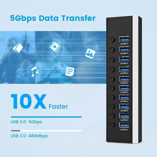 Alt view image 3 of 7 - AUTYUE Powered USB Hub, Aluminum 10 Ports USB 3.0 Data Hub with 36W (12V/3A) Power Adapter and Individual On/Off Switches USB Splitter, Powered Hub USB 3.0