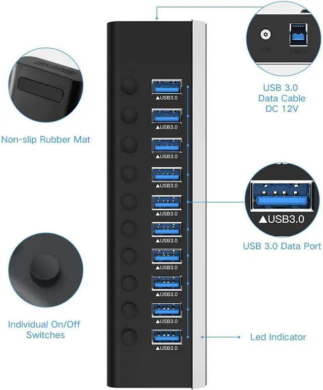 Alt view image 7 of 7 - AUTYUE Powered USB Hub, Aluminum 10 Ports USB 3.0 Data Hub with 36W (12V/3A) Power Adapter and Individual On/Off Switches USB Splitter, Powered Hub USB 3.0