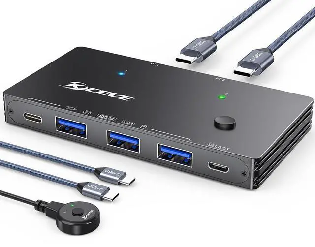 Main image of AUTYUE 10Gbps USB 3.2 Switch 2 Computers Share 1 USB C & 3 USB A Devices, 2 in 4 Out USB Switch Selector for 2 Laptop Keyboard Mouse Portable SSD, with 2 USB C Data Cables and Wired Remote