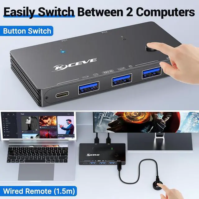 Alt view image 4 of 7 - AUTYUE 10Gbps USB 3.2 Switch 2 Computers Share 1 USB C & 3 USB A Devices, 2 in 4 Out USB Switch Selector for 2 Laptop Keyboard Mouse Portable SSD, with 2 USB C Data Cables and Wired Remote