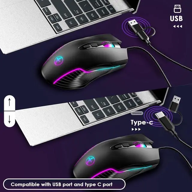 Alt view image 2 of 7 - AUTYUE Wired Gaming Mouse with RGB & Jiggler, Dual USB-C & USB-A Connectivity Up to 7200 dpi, 7 Buttons Ergonomic Optical Type-C Mouse with 5.9ft Cable for PC,Laptop,Mac,Chromebook,Computer, Desktop
