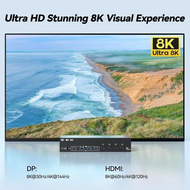 Alt view image 3 of 7 - AUTYUE KVM Switch 3 Monitors 4 Computers, Triple Monitor 2 Displayport + 1 HD-MI | 4 Ports for 4 PC, 3 Screens Output, DP 1.4 Support 8K@30Hz/4K@144Hz, HD-MI2.1 Support 8K@60Hz/4K@120Hz, 5Gbps USB 3.0