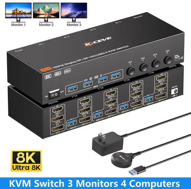 Main image of AUTYUE KVM Switch 3 Monitors 4 Computers, Triple Monitor 2 Displayport + 1 HD-MI | 4 Ports for 4 PC, 3 Screens Output, DP 1.4 Support 8K@30Hz/4K@144Hz, HD-MI2.1 Support 8K@60Hz/4K@120Hz, 5Gbps USB 3.0