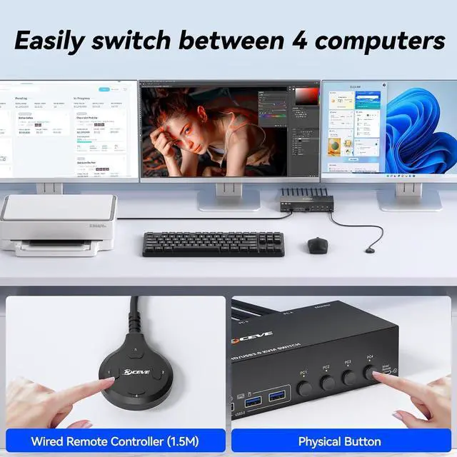 Alt view image 6 of 7 - AUTYUE KVM Switch 3 Monitors 4 Computers, Triple Monitor 2 Displayport + 1 HD-MI | 4 Ports for 4 PC, 3 Screens Output, DP 1.4 Support 8K@30Hz/4K@144Hz, HD-MI2.1 Support 8K@60Hz/4K@120Hz, 5Gbps USB 3.0