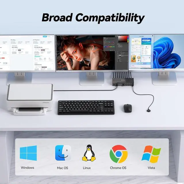 Alt view image 5 of 7 - AUTYUE KVM Switch 3 Monitors 4 Computers, Triple Monitor 2 Displayport + 1 HD-MI | 4 Ports for 4 PC, 3 Screens Output, DP 1.4 Support 8K@30Hz/4K@144Hz, HD-MI2.1 Support 8K@60Hz/4K@120Hz, 5Gbps USB 3.0