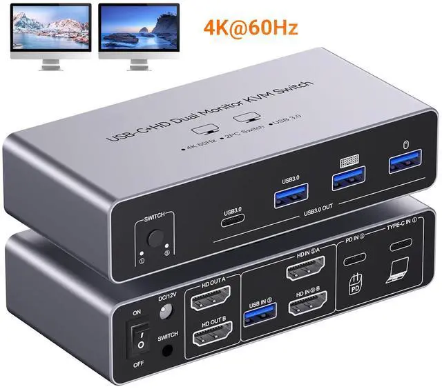 Main image of AUTYUE USB C HDMI KVM Switch 2 Monitors for Desktop and Laptop, Dual Monitor USB C KVM Switch | Support 4K@60Hz, for 2 Computes Share Keyboard, Mouse and Monitor, with PD Power Function for Laptop