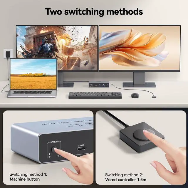 Alt view image 5 of 7 - AUTYUE USB C HDMI KVM Switch 2 Monitors for Desktop and Laptop, Dual Monitor USB C KVM Switch | Support 4K@60Hz, for 2 Computes Share Keyboard, Mouse and Monitor, with PD Power Function for Laptop