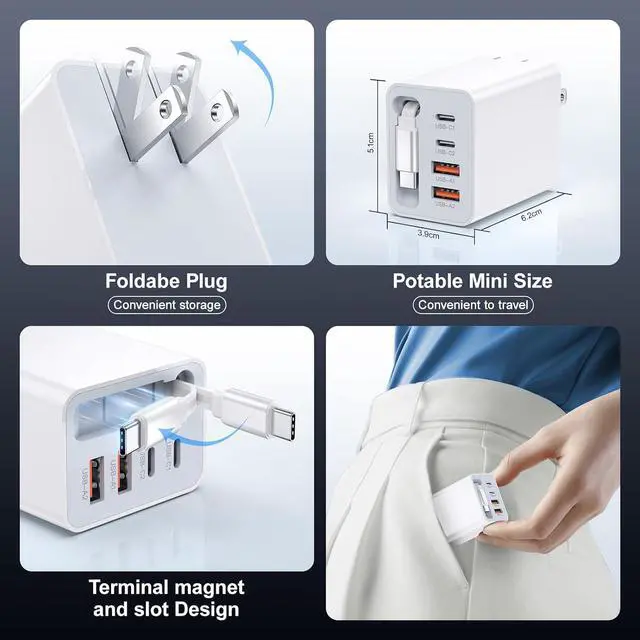 Alt view image 5 of 7 - AUTYUE 5-in-1 Retractable Wall Charger, 40W Retractable USB C Charger Wall Plug | 5-Ports USB C Charger Block with Retractable Cable,Fast Charging Foldable Block for iPhone 17/16/15, Android Phones..