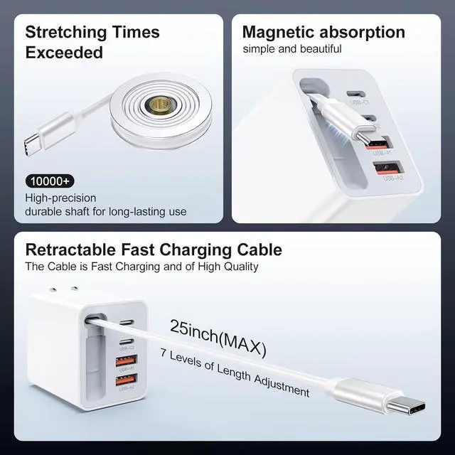 Alt view image 4 of 7 - AUTYUE 5-in-1 Retractable Wall Charger, 40W Retractable USB C Charger Wall Plug | 5-Ports USB C Charger Block with Retractable Cable,Fast Charging Foldable Block for iPhone 17/16/15, Android Phones..