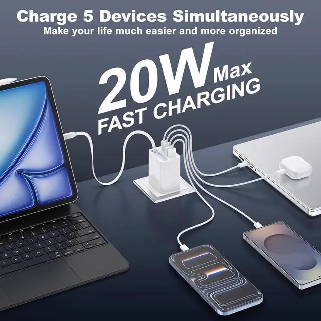 Alt view image 3 of 7 - AUTYUE 5-in-1 Retractable Wall Charger, 40W Retractable USB C Charger Wall Plug | 5-Ports USB C Charger Block with Retractable Cable,Fast Charging Foldable Block for iPhone 17/16/15, Android Phones..