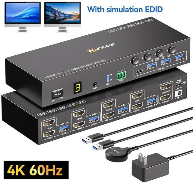 Main image of AUTYUE HDMI KVM Switch 2 Monitors 4 Computers 4K@60Hz EDID Simulation, 4 Port KVM Switch Dual Monitor with 4 USB 3.0 Ports for USB Peripherals, Audio, RS232, with Wired Remote, 12V Power & 4 USB Cable