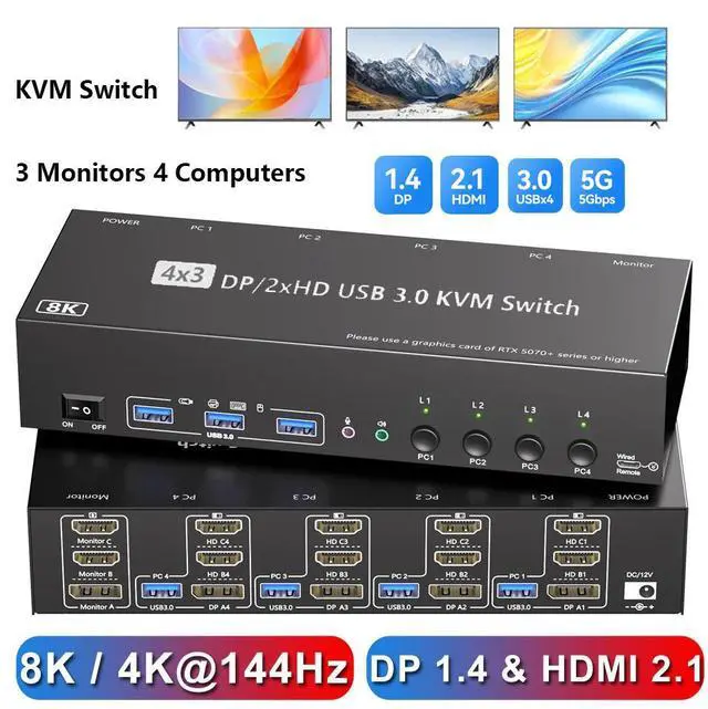 Main image of AUTYUE KVM Switch 3 Monitors 4 Computers with Audio, 2 HDMI + DisplayPort 8K@30Hz/4k@144Hz Triple Monitors KVM Switcher for 4 PC Share 3 Displays and 4 USB 3.0 Devices, Suitable for Office/Work Home