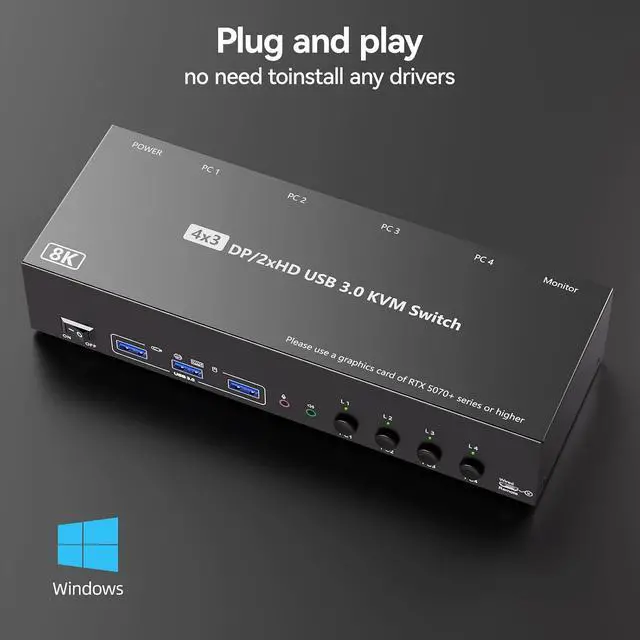 Alt view image 6 of 7 - AUTYUE KVM Switch 3 Monitors 4 Computers with Audio, 2 HDMI + DisplayPort 8K@30Hz/4k@144Hz Triple Monitors KVM Switcher for 4 PC Share 3 Displays and 4 USB 3.0 Devices, Suitable for Office/Work Home