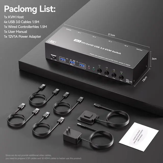 Alt view image 7 of 7 - AUTYUE KVM Switch 3 Monitors 4 Computers with Audio, 2 HDMI + DisplayPort 8K@30Hz/4k@144Hz Triple Monitors KVM Switcher for 4 PC Share 3 Displays and 4 USB 3.0 Devices, Suitable for Office/Work Home