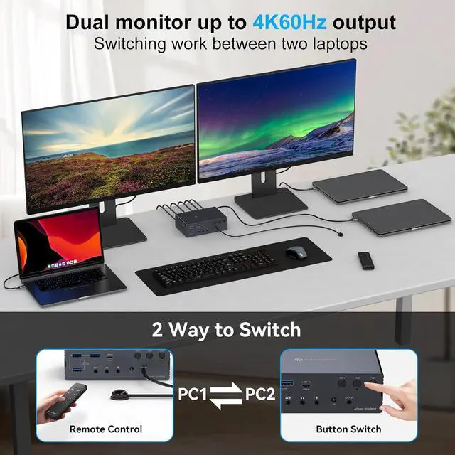 Alt view image 5 of 7 - AUTYUE USB C KVM Switch 2 Monitors 3 Computers Docking Station 4K@60Hz for M1 M2 M3 M4 Thunderbolt KVM with Displaylink Support USB 3.0/USB C in DP/HDMI Out Extended/Mirrored Mode for Windows Mac