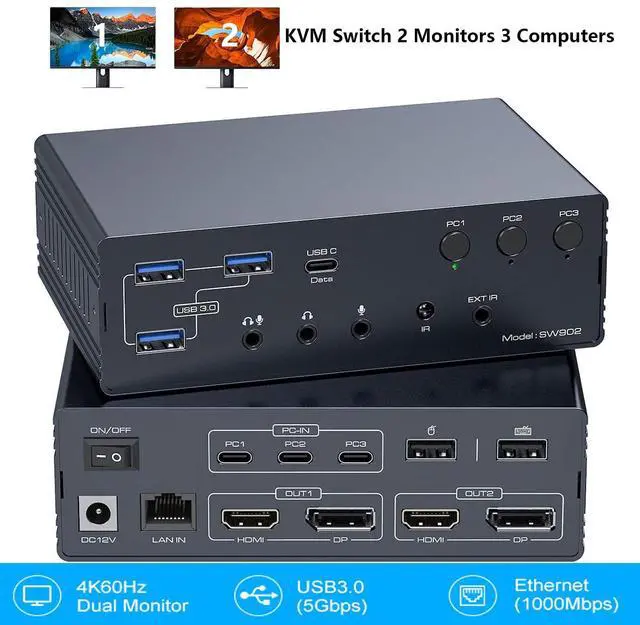 Main image of AUTYUE USB C KVM Switch 2 Monitors 3 Computers Docking Station 4K@60Hz for M1 M2 M3 M4 Thunderbolt KVM with Displaylink Support USB 3.0/USB C in DP/HDMI Out Extended/Mirrored Mode for Windows Mac