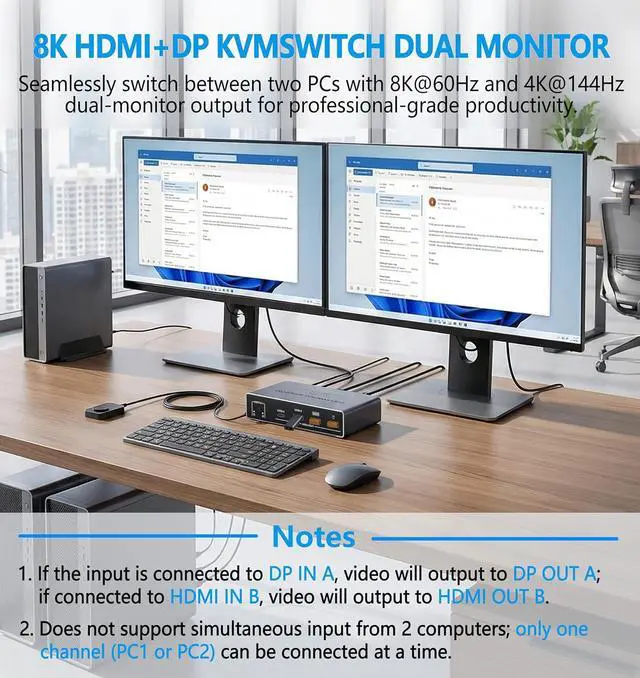 Alt view image 2 of 7 - AUTYUE Dual Monitor 8K HDMI + Displayport KVM Switch, 2 Monitors 2 Desktop Computers 4K@144Hz HDMI + DP 2 IN 2 Out USB 3.0 KVM Switcher, 2 Switching Modes, 2 PCs Share 1 Set of Keyboard Mouse Printer