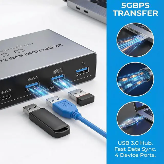 Alt view image 7 of 7 - AUTYUE Dual Monitor 8K HDMI + Displayport KVM Switch, 2 Monitors 2 Desktop Computers 4K@144Hz HDMI + DP 2 IN 2 Out USB 3.0 KVM Switcher, 2 Switching Modes, 2 PCs Share 1 Set of Keyboard Mouse Printer