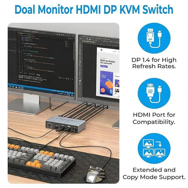 Alt view image 6 of 7 - AUTYUE Dual Monitor 8K HDMI + Displayport KVM Switch, 2 Monitors 2 Desktop Computers 4K@144Hz HDMI + DP 2 IN 2 Out USB 3.0 KVM Switcher, 2 Switching Modes, 2 PCs Share 1 Set of Keyboard Mouse Printer
