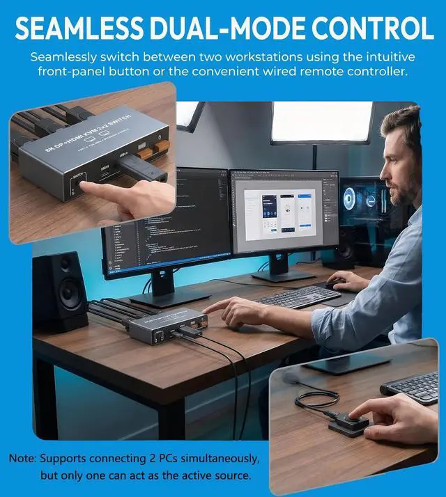 Alt view image 5 of 7 - AUTYUE Dual Monitor 8K HDMI + Displayport KVM Switch, 2 Monitors 2 Desktop Computers 4K@144Hz HDMI + DP 2 IN 2 Out USB 3.0 KVM Switcher, 2 Switching Modes, 2 PCs Share 1 Set of Keyboard Mouse Printer