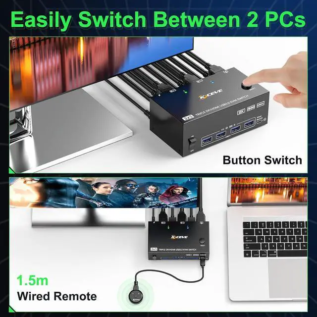 Alt view image 4 of 7 - AUTYUE KVM Switch 3 Monitors 2 Computers 8K@60Hz 4K@144Hz, Triple Monitor HD-MI + 2 DP KVM Switch for 2 Computers Share 3 Displays and 4 USB 3.0 Device,with Wired Remote,USB Cable & 12V Power Adapter