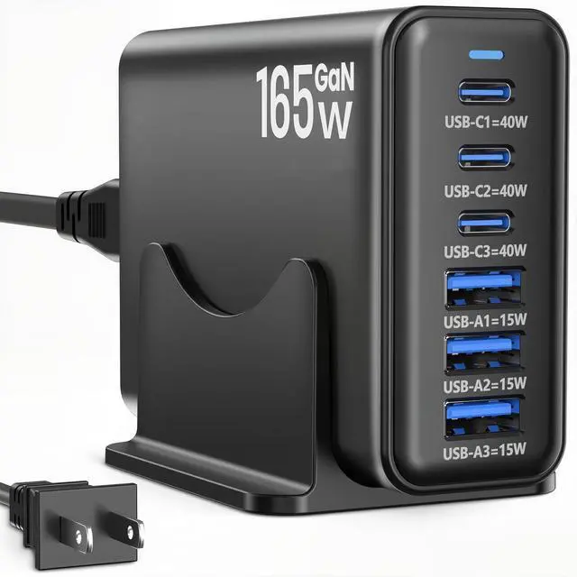 Main image of AUTYUE 165W Charging Station, 6 Port Desktop Charger, 3 Ports 40W Black | Multi-Device Charger, 3 PD USB C 40W and 3 15W USB A, Compatible with iPhone, Galaxy, MacBook, Tablets, Home Office, Travel