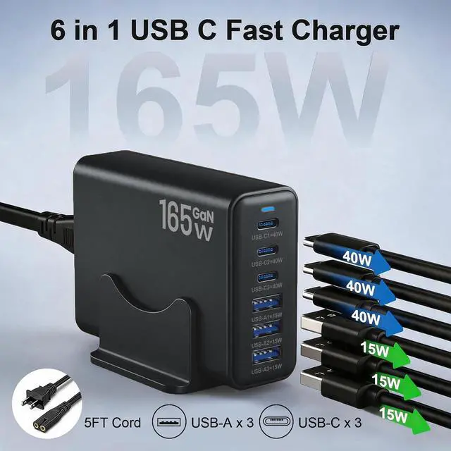 Alt view image 2 of 7 - AUTYUE 165W Charging Station, 6 Port Desktop Charger, 3 Ports 40W Black | Multi-Device Charger, 3 PD USB C 40W and 3 15W USB A, Compatible with iPhone, Galaxy, MacBook, Tablets, Home Office, Travel