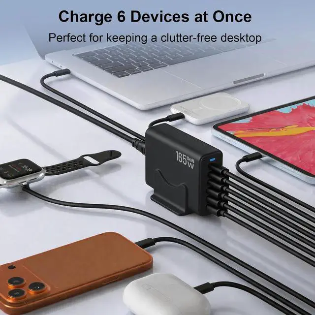 Alt view image 5 of 7 - AUTYUE 165W Charging Station, 6 Port Desktop Charger, 3 Ports 40W Black | Multi-Device Charger, 3 PD USB C 40W and 3 15W USB A, Compatible with iPhone, Galaxy, MacBook, Tablets, Home Office, Travel