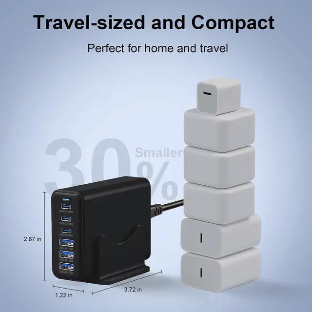Alt view image 7 of 7 - AUTYUE 165W Charging Station, 6 Port Desktop Charger, 3 Ports 40W Black | Multi-Device Charger, 3 PD USB C 40W and 3 15W USB A, Compatible with iPhone, Galaxy, MacBook, Tablets, Home Office, Travel