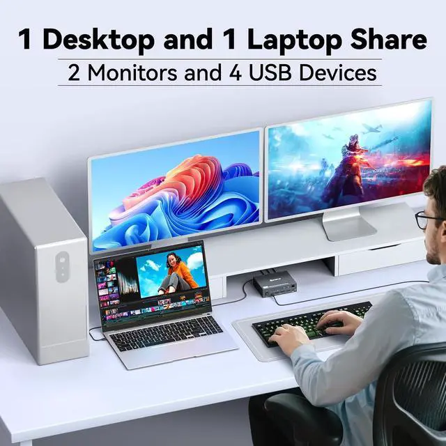 Alt view image 2 of 7 - AUTYUE KVM Switch 2 Monitors 1 Desktop and 1 Laptop 4K@60Hz, 7-in-1 Dual Monitor KVM Switch Docking Station, Expand 2 HDMI Displays, 4x USB 3.0 Ports, PD 80W, Wired Remote and USB-C Cable Included