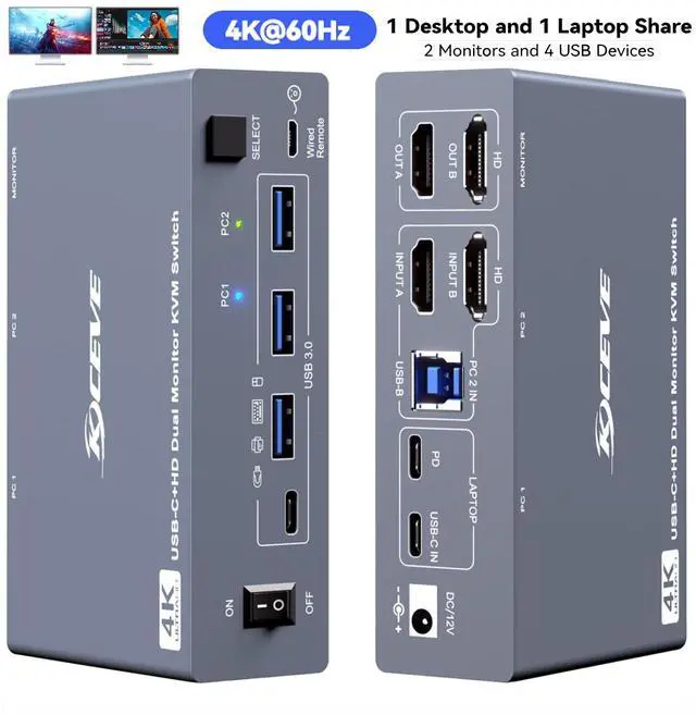 Main image of AUTYUE KVM Switch 2 Monitors 1 Desktop and 1 Laptop 4K@60Hz, 7-in-1 Dual Monitor KVM Switch Docking Station, Expand 2 HDMI Displays, 4x USB 3.0 Ports, PD 80W, Wired Remote and USB-C Cable Included